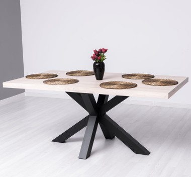 Dining table with central leg in X , top OAK