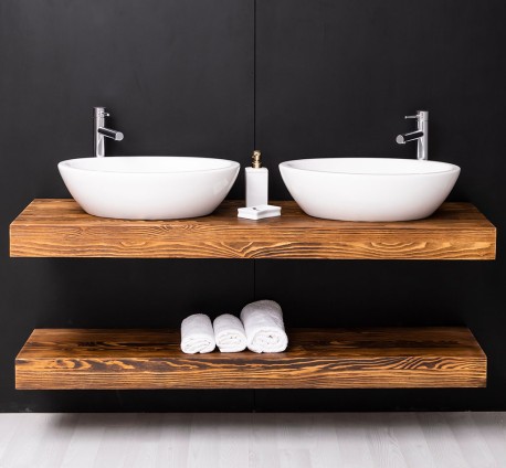 Washbasin support made of pine wood with a wall-mounted metal fixing set