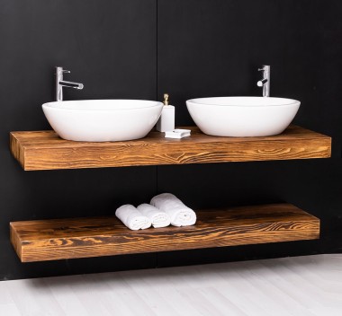 Washbasin support made of pine wood with a wall-mounted metal fixing set