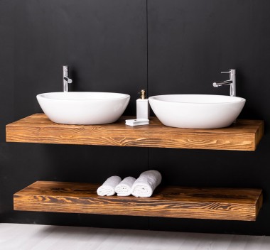 Washbasin support made of pine wood with a wall-mounted metal fixing set