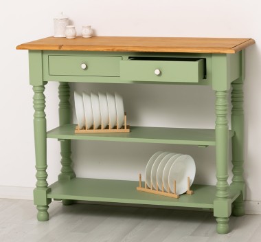 Wall console with turned legs, two shelves and two drawers