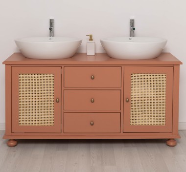 Rattan Bathroom Cabinet for 2 Countertop Sinks, sinks not include in price