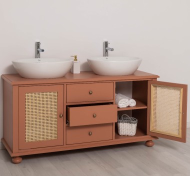 Rattan Bathroom Cabinet for 2 Countertop Sinks, sinks not include in price