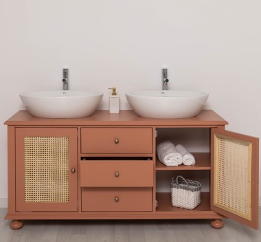 Rattan Bathroom Cabinet for 2 Countertop Sinks, sinks not include in price
