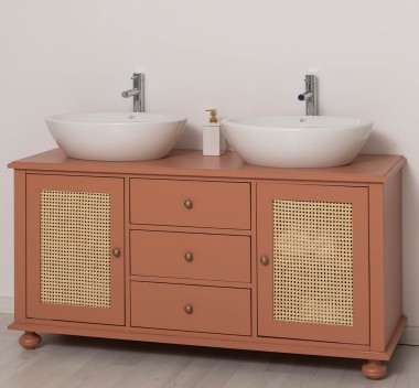 Rattan Bathroom Cabinet for 2 Countertop Sinks, sinks not include in price