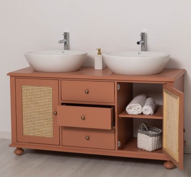 Rattan Bathroom Cabinet for 2 Countertop Sinks, sinks not include in price
