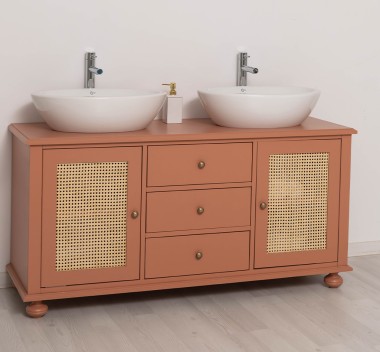 Rattan Bathroom Cabinet for 2 Countertop Sinks, sinks not include in price