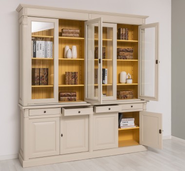Bookcase with 4 doors, 4 BAS drawers + 4 SUP glass doors, Directoire Collection