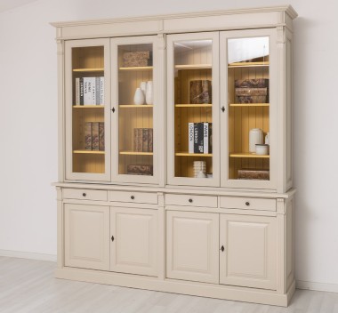 Bookcase with 4 doors, 4 BAS drawers + 4 SUP glass doors, Directoire Collection
