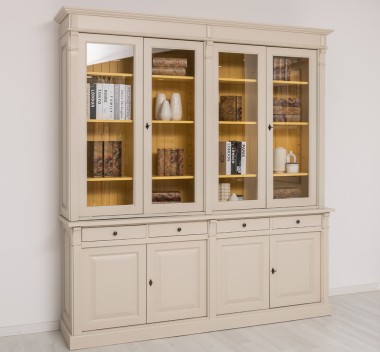 Bookcase with 4 doors, 4 BAS drawers + 4 SUP glass doors, Directoire Collection