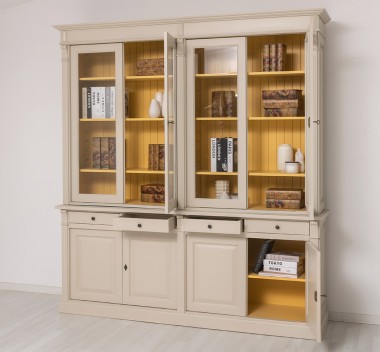 Bookcase with 4 doors, 4 BAS drawers + 4 SUP glass doors, Directoire Collection