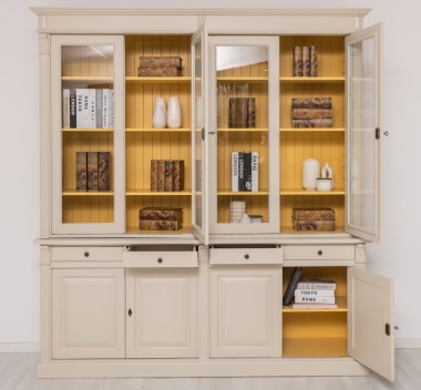 Bookcase with 4 doors, 4 BAS drawers + 4 SUP glass doors, Directoire Collection
