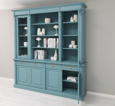Bookcase with 4 doors, 4 BAS drawers + 2 glass doors, SUP open shelf, Directoire Collection