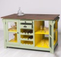 Glass door kitchen island with wine rack, top oak