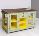 Glass door kitchen island with wine rack, top oak