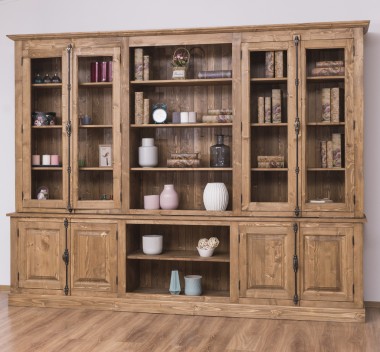 Large bookcase with 4 doors and Cremone, open middle BAS + 4 glass doors, and open middle SUP - PS439BAS+SUP