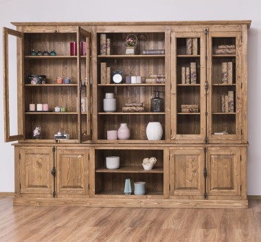 Large bookcase with 4 doors and Cremone, open middle BAS + 4 glass doors, and open middle SUP - PS439BAS+SUP