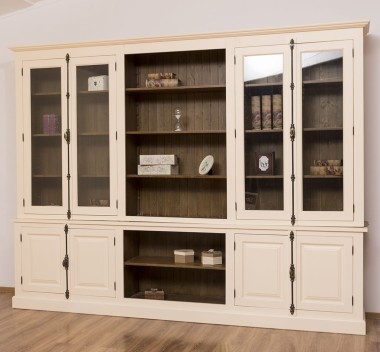 Large bookcase with 4 doors and Cremone, open middle BAS + 4 glass doors, and open middle SUP - PS439BAS+SUP