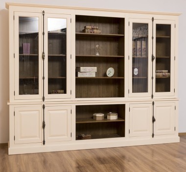 Large bookcase with 4 doors and Cremone, open middle BAS + 4 glass doors, and open middle SUP - PS439BAS+SUP