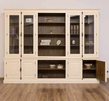 Large bookcase with 4 doors and Cremone, open middle BAS + 4 glass doors, and open middle SUP - PS439BAS+SUP