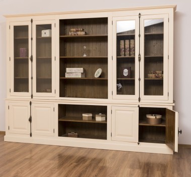 Large bookcase with 4 doors and Cremone, open middle BAS + 4 glass doors, and open middle SUP - PS439BAS+SUP