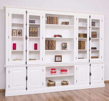 Large bookcase with 4 doors and Cremone, open middle BAS + 4 glass doors, and open middle SUP - PS439BAS+SUP