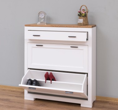 Shoe rack with 2 doors, 1 drawer, oak top, metal rail drawer, Pure - PS642-TOP OAK