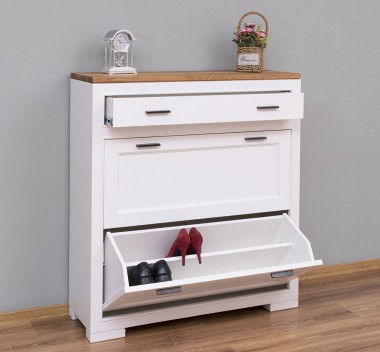 Shoe rack with 2 doors, 1 drawer, oak top, metal rail drawer, Pure - PS642-TOP OAK