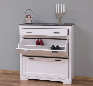 Shoe rack with 2 doors, 1 drawer, oak top, metal rail drawer, Pure - PS642-TOP OAK