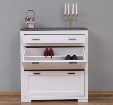 Shoe rack with 2 doors, 1 drawer, oak top, metal rail drawer, Pure - PS642-TOP OAK