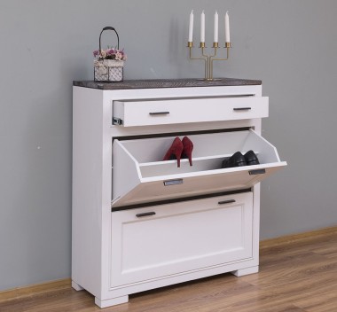 Shoe rack with 2 doors, 1 drawer, oak top, metal rail drawer, Pure - PS642-TOP OAK