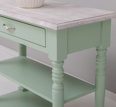 Wall console with turned legs, two shelves and one drawer