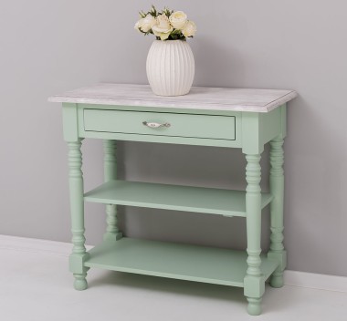 Wall console with turned legs, two shelves and one drawer