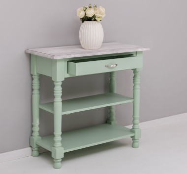 Wall console with turned legs, two shelves and one drawer