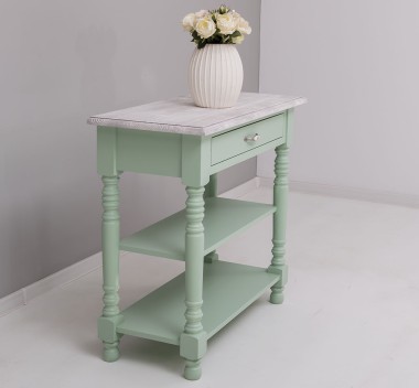 Wall console with turned legs, two shelves and one drawer
