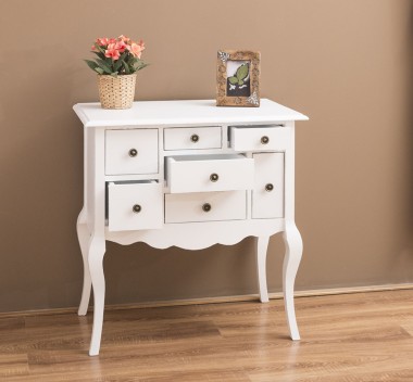 Console with curved legs and 7 multicolored drawers