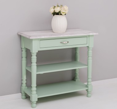 Wall console with turned legs, two shelves and one drawer